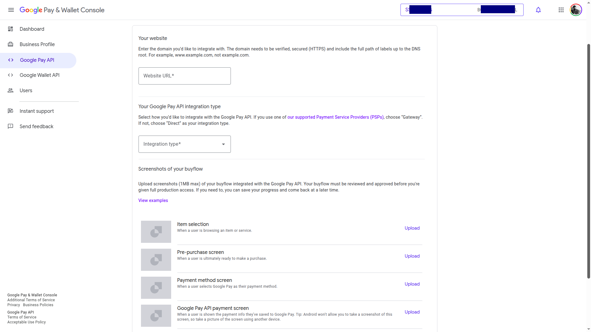 Google Pay and Wallet Console — website integration configuration