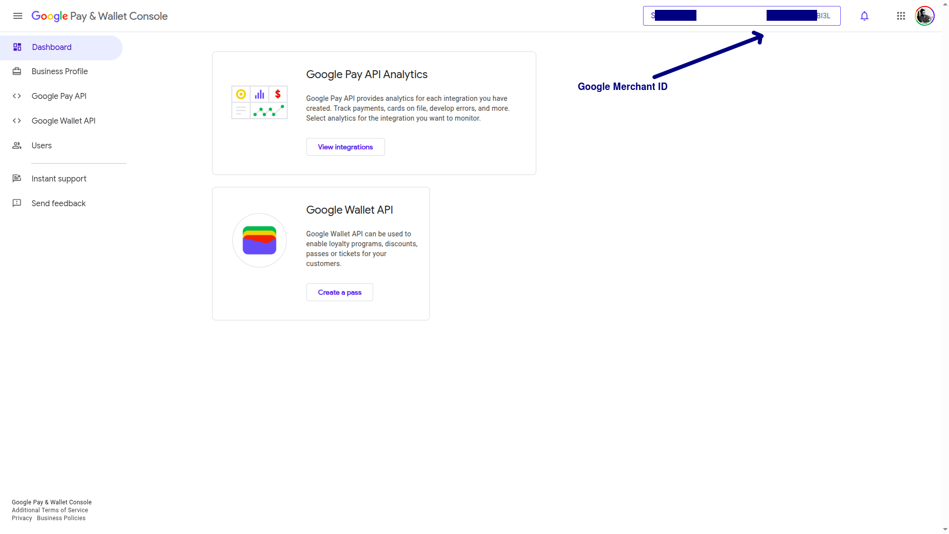 Google Pay and Wallet Console — home page showing the Google Merchant ID